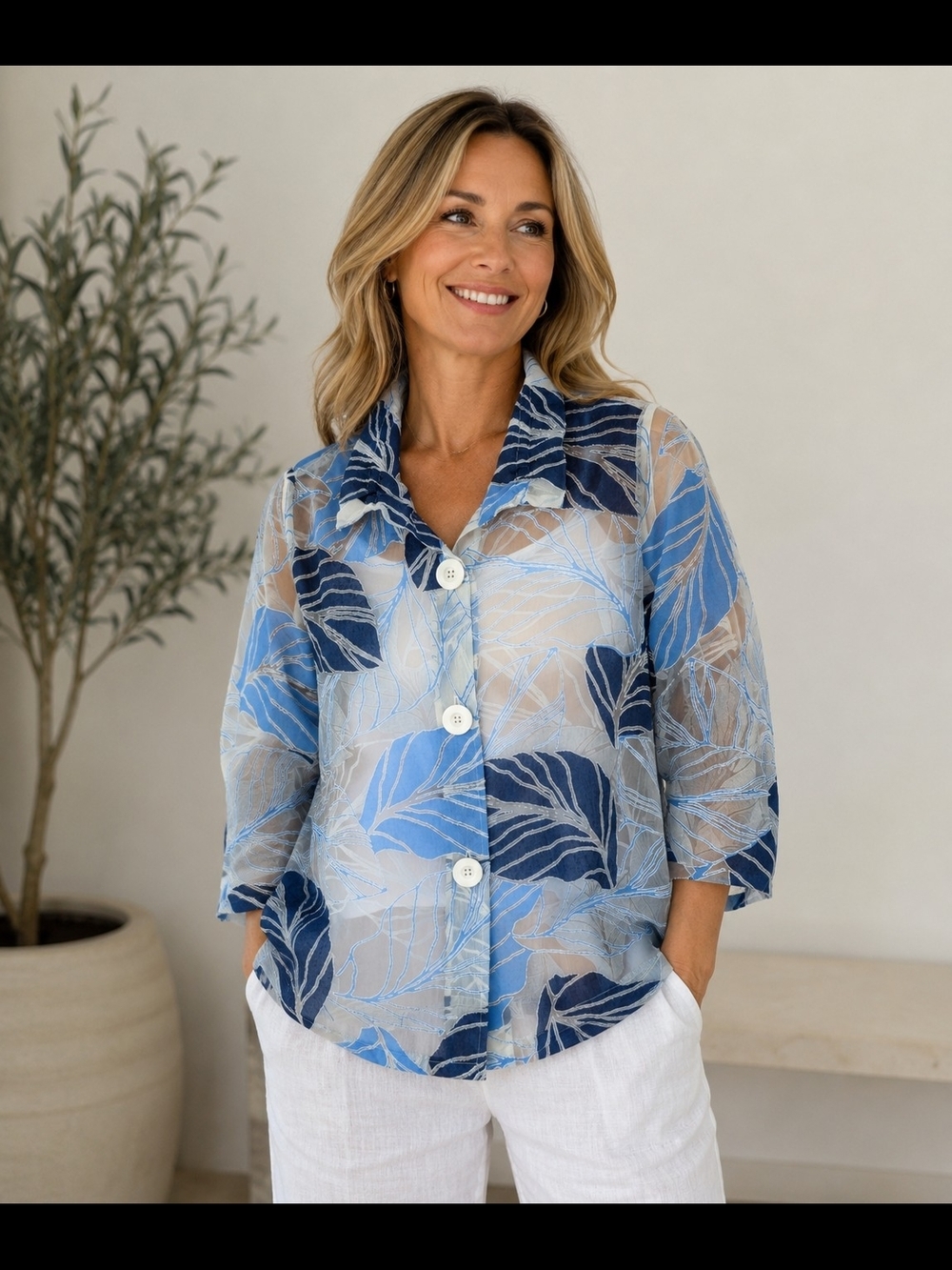 Joseph Ribkoff Blue Sheer Leaf Print Mesh Jacket